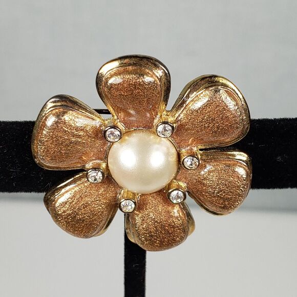 Vintage Carolee Bronze/Pink Daisy Enamel Pearl Rhinestone Gold Tone Brooch - Picture 4 of 9